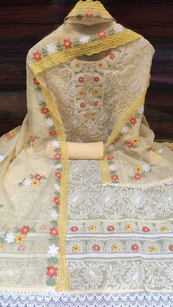 Designer Embroidered Suit Length 3 Piece Yellow Kota with Parsi Work