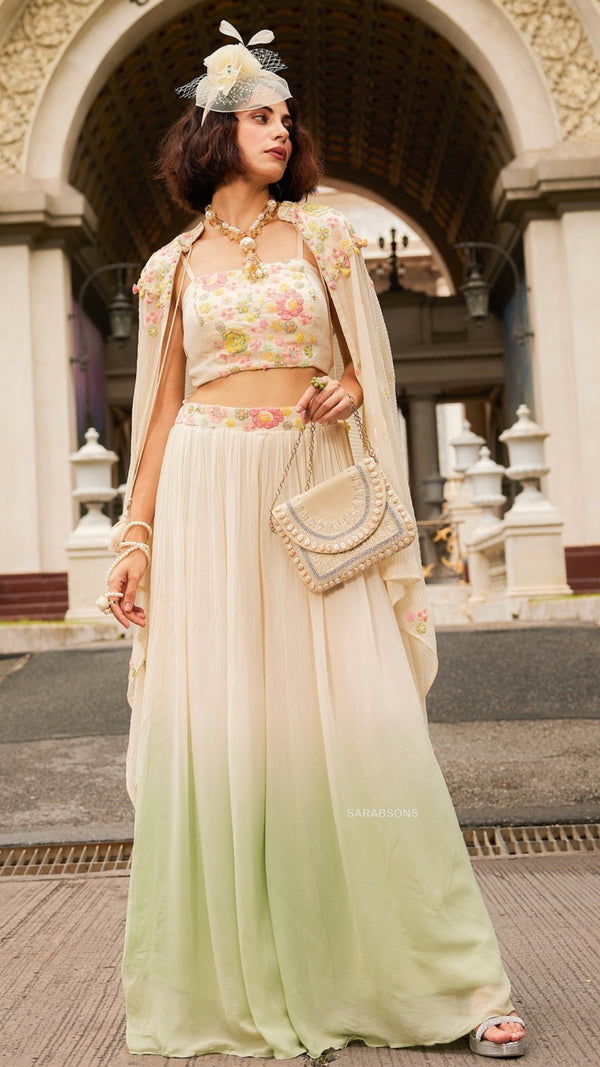 White Mint Green Ombre Indowestern Crop Top Palazzo with Cape Set