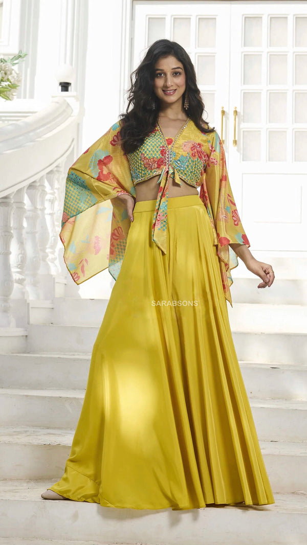 Yellow Indo-Western Crop Top Palazzo Set