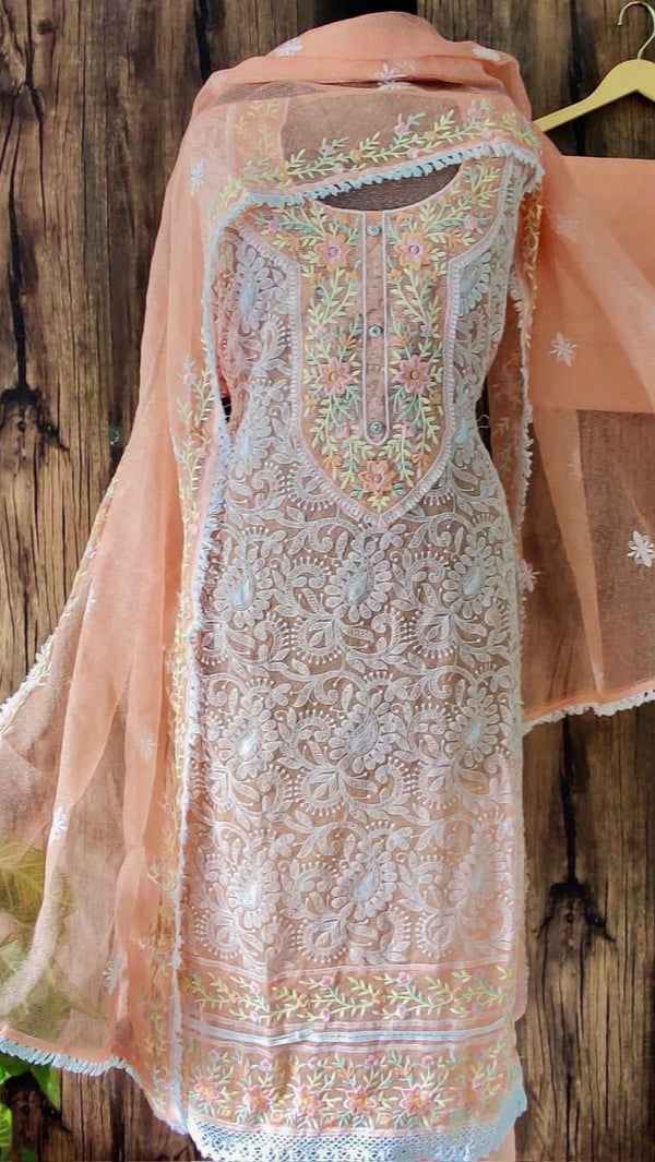 Designer Embroidered Suit Length 3 Piece Peach Kota with Parsi Work