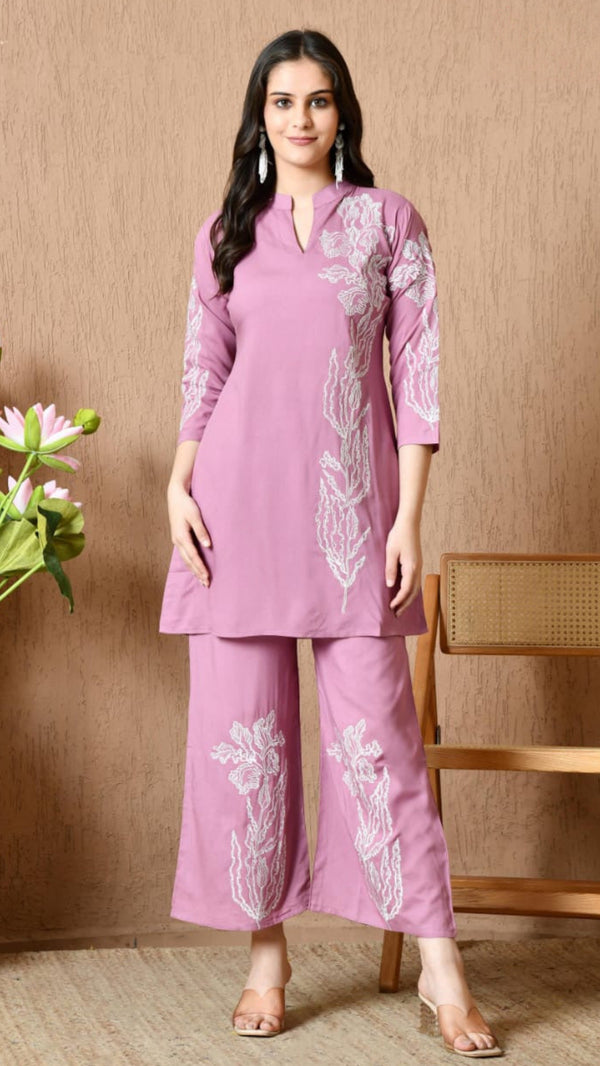 Onion Pink Soft Cotton Embroidered Co-ord Set