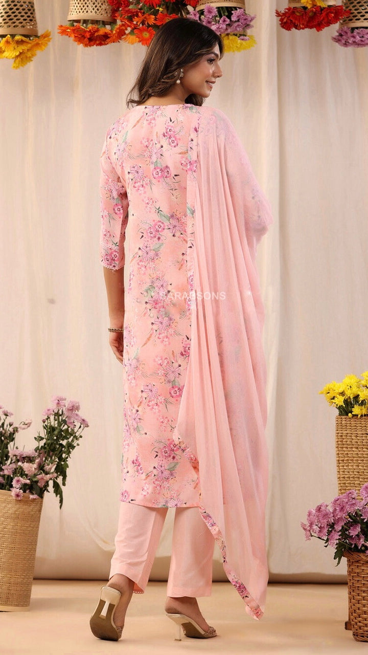 Pink Floral Printed Cotton Suit- Pants Set