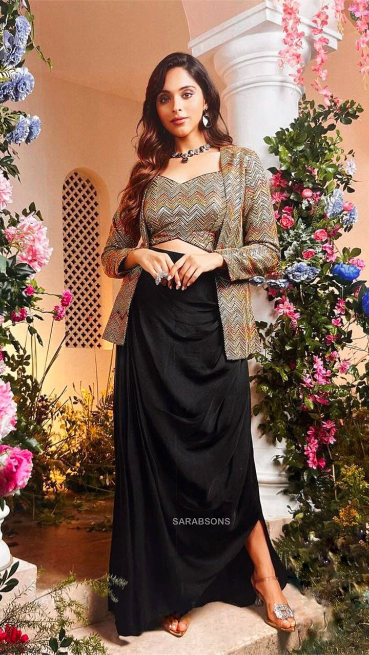 Indo Western Dress Crop Top And Long Skirt With Long Jacket Indo