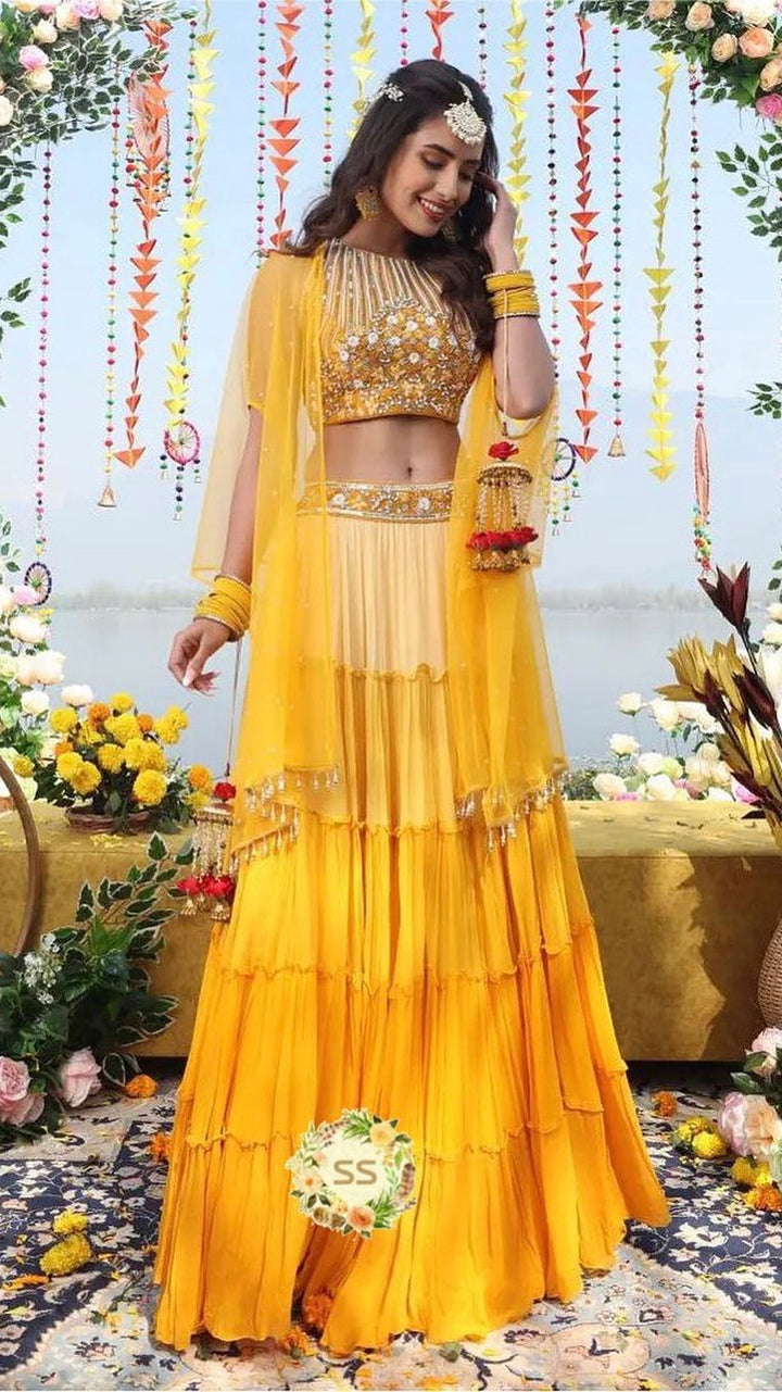 Yellow Indowestern Halter Crop Top Skirt with Cape Shrug