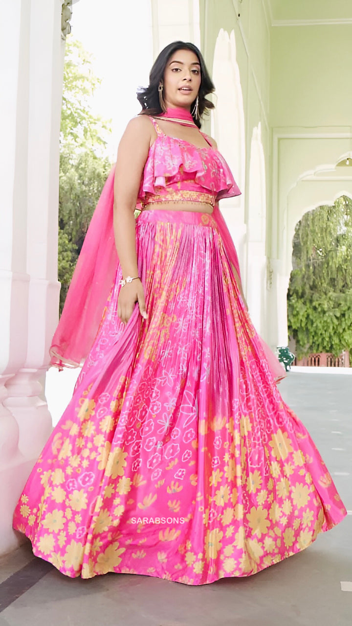 Pink Indo-Western Spaghetti Strap Crop Top Lehenga Set