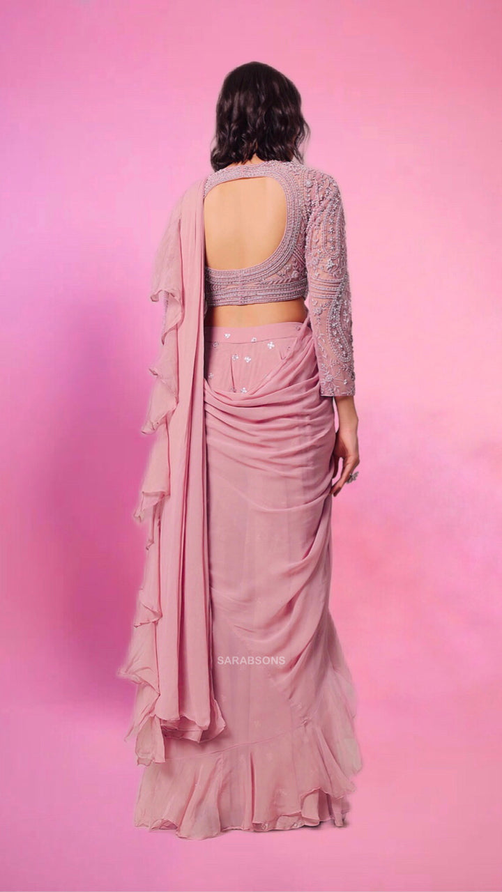 Dusty Pink Indo-Western Crop Top Sharara Saree Set