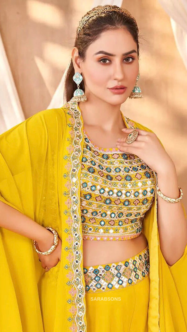 Vibrant Yellow Indo Fusion Crop Top Palazzo Shrug Set in Georgette