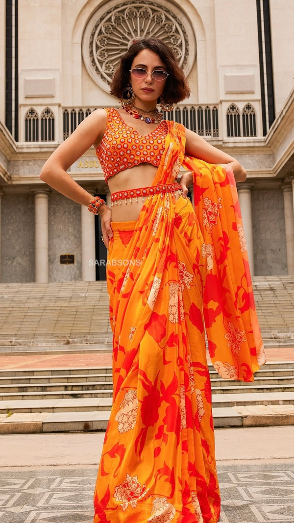 Orange Indowestern Ready To Wear Draped Saree