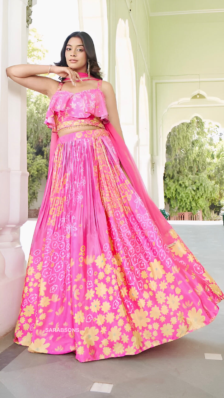 Pink Indo-Western Spaghetti Strap Crop Top Lehenga Set