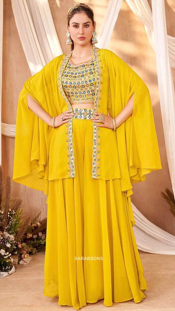 Vibrant Yellow Indo Fusion Crop Top Palazzo Shrug Set in Georgette