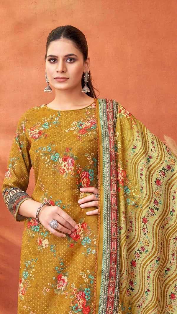 Mustard Pashmina Suit Length 3 Piece with Pashmina Dupatta