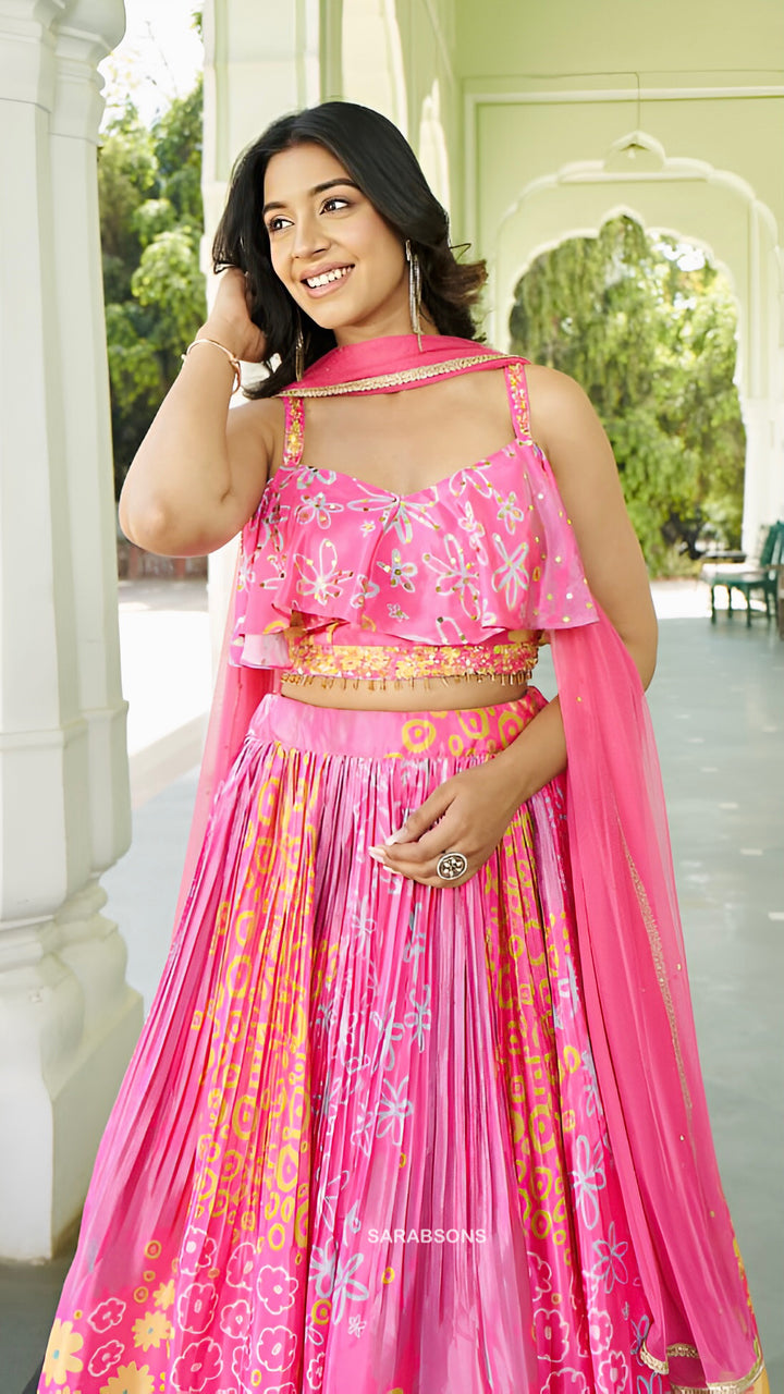 Pink Indo-Western Spaghetti Strap Crop Top Lehenga Set