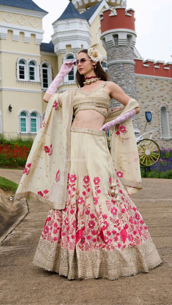 Beige Crop Top Garden Bloom Silk Lehenga Set