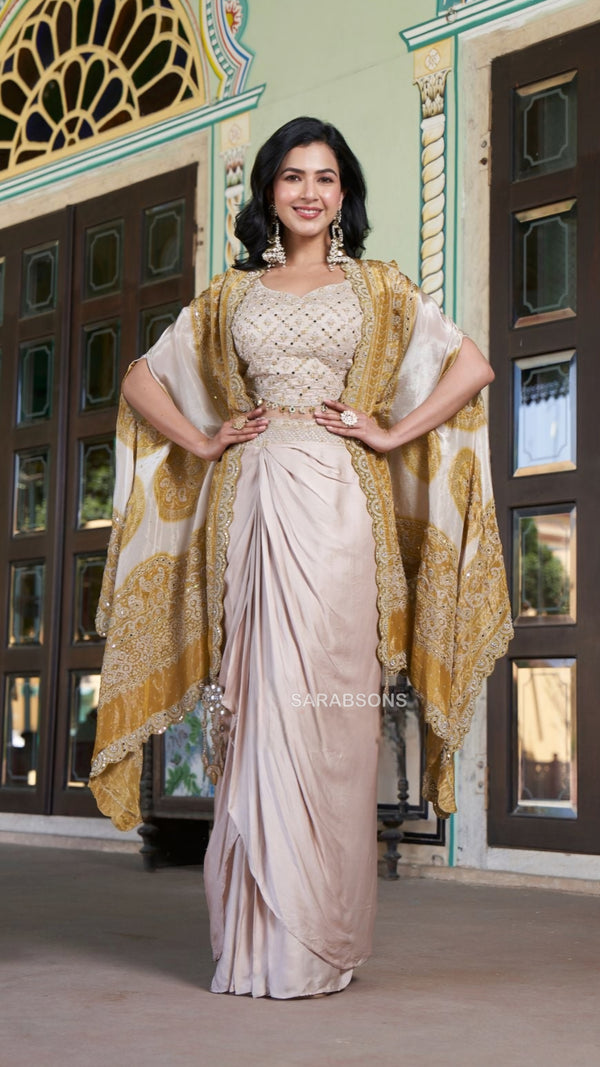 Beige Indo-Western Crop Top Draped Skirt with Cape Set
