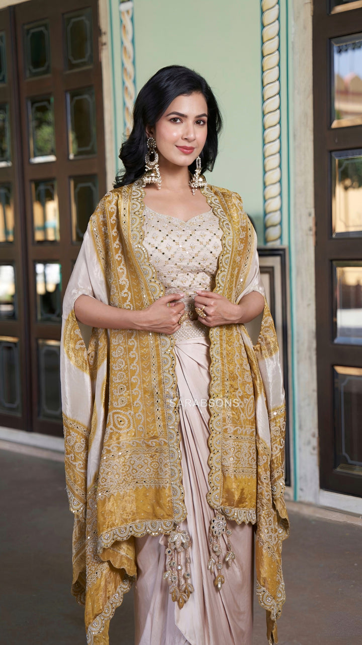 Beige Indo-Western Crop Top Draped Skirt with Cape Set
