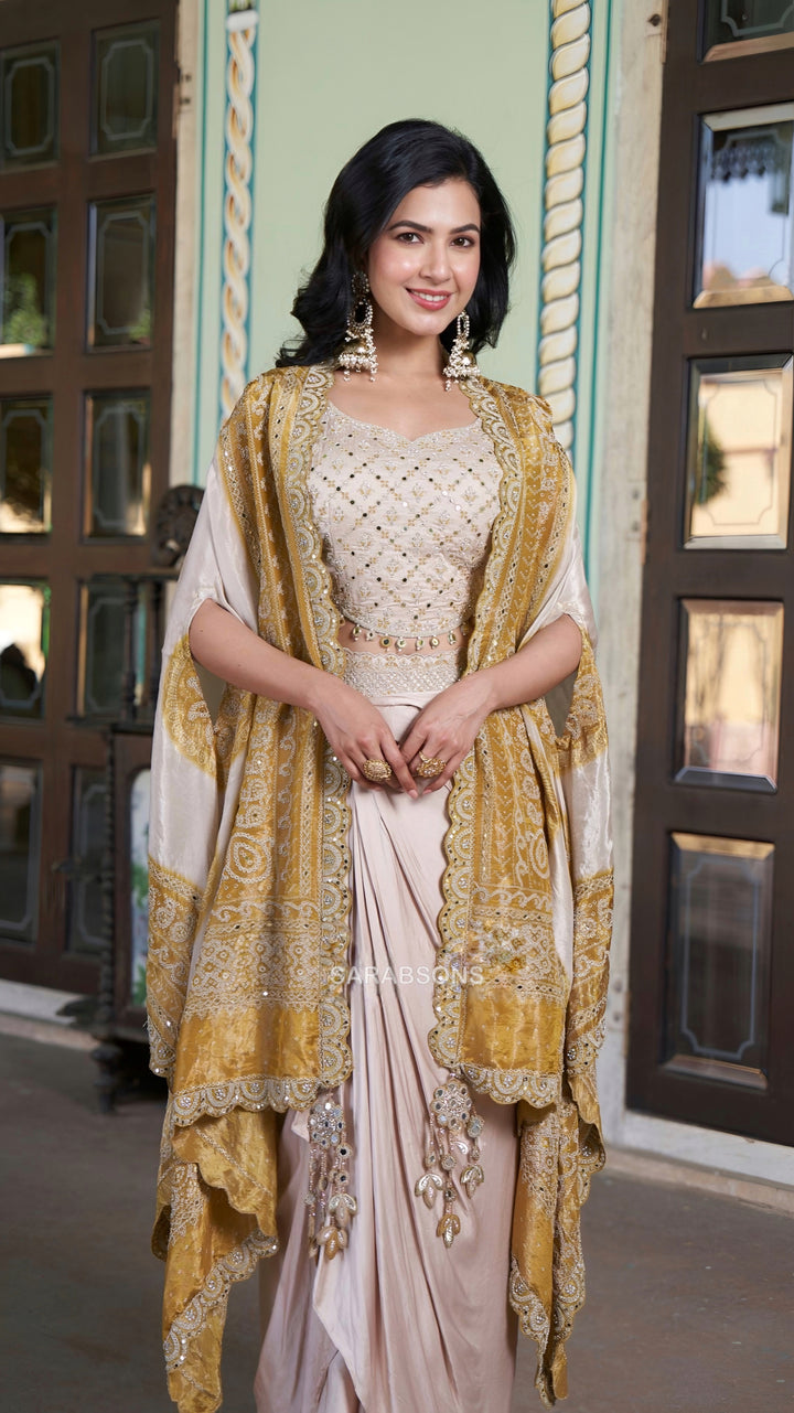 Beige Indo-Western Crop Top Draped Skirt with Cape Set
