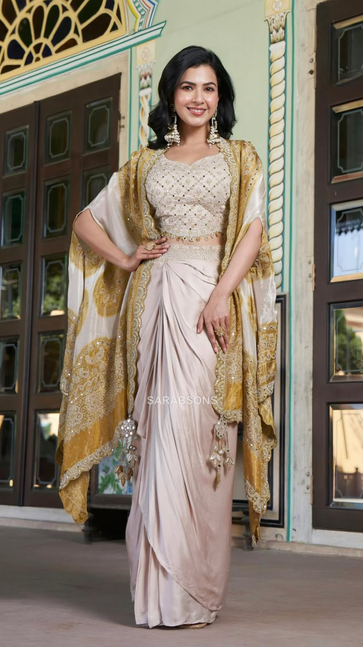 Beige Indo-Western Crop Top Draped Skirt with Cape Set
