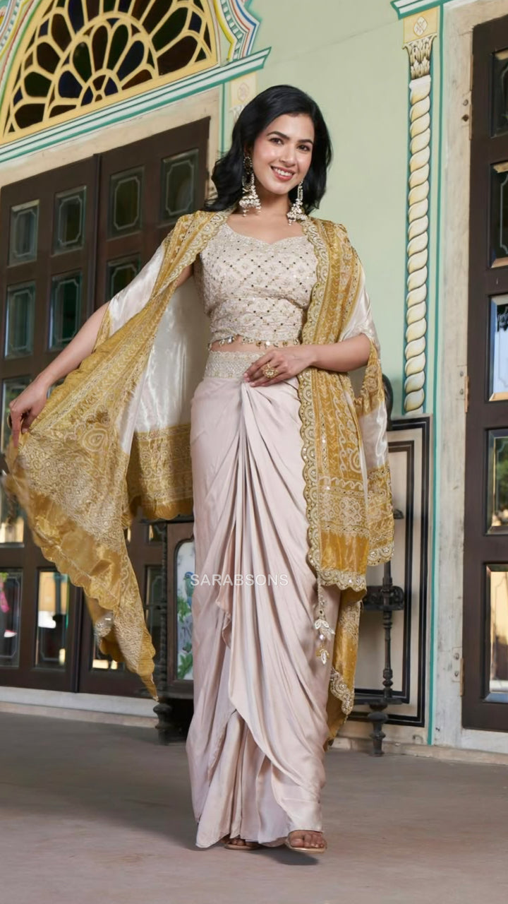 Beige Indo-Western Crop Top Draped Skirt with Cape Set
