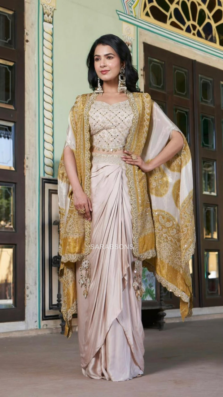 Beige Indo-Western Crop Top Draped Skirt with Cape Set
