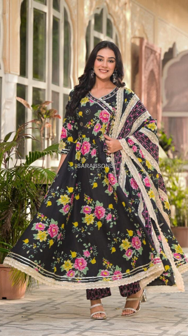 Black Floral Print Angrakha Style Anarkali Suit Set - Pants Set