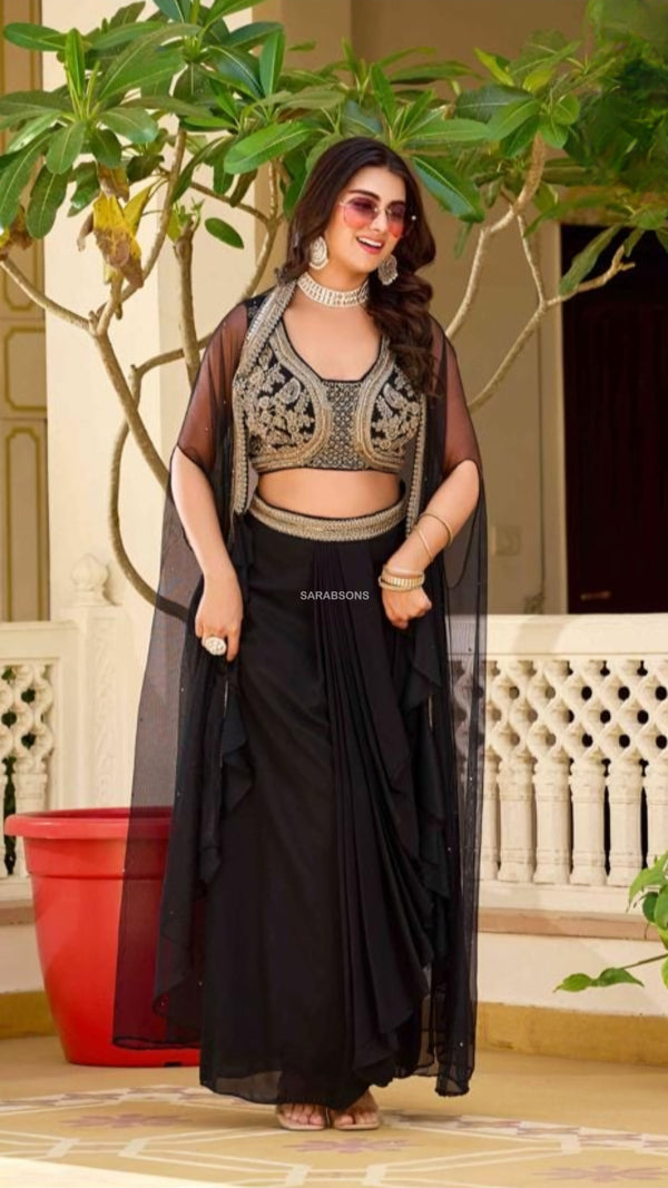 Black Indo-Western Crop Top Draped Skirt with Cape Set
