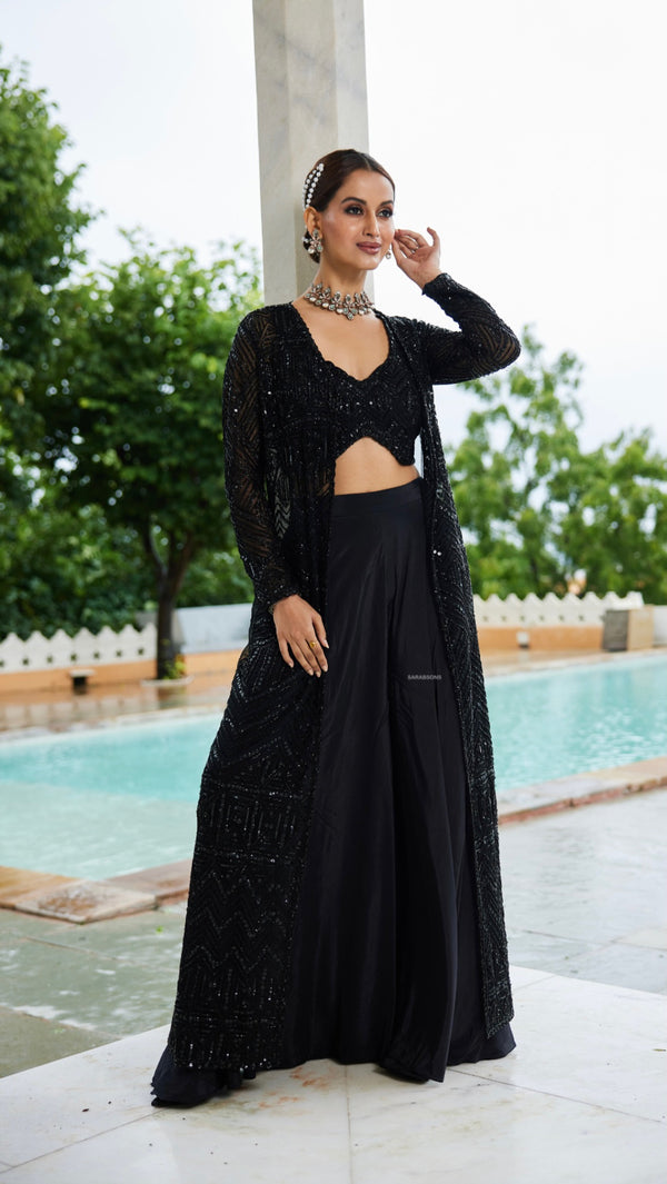 Black Indo-Western Crop Top Palazzo Shrug Set