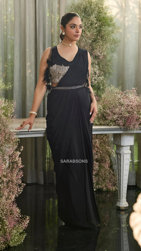 Black Indo-Western Ready-To-Wear Draped Saree with Belt
