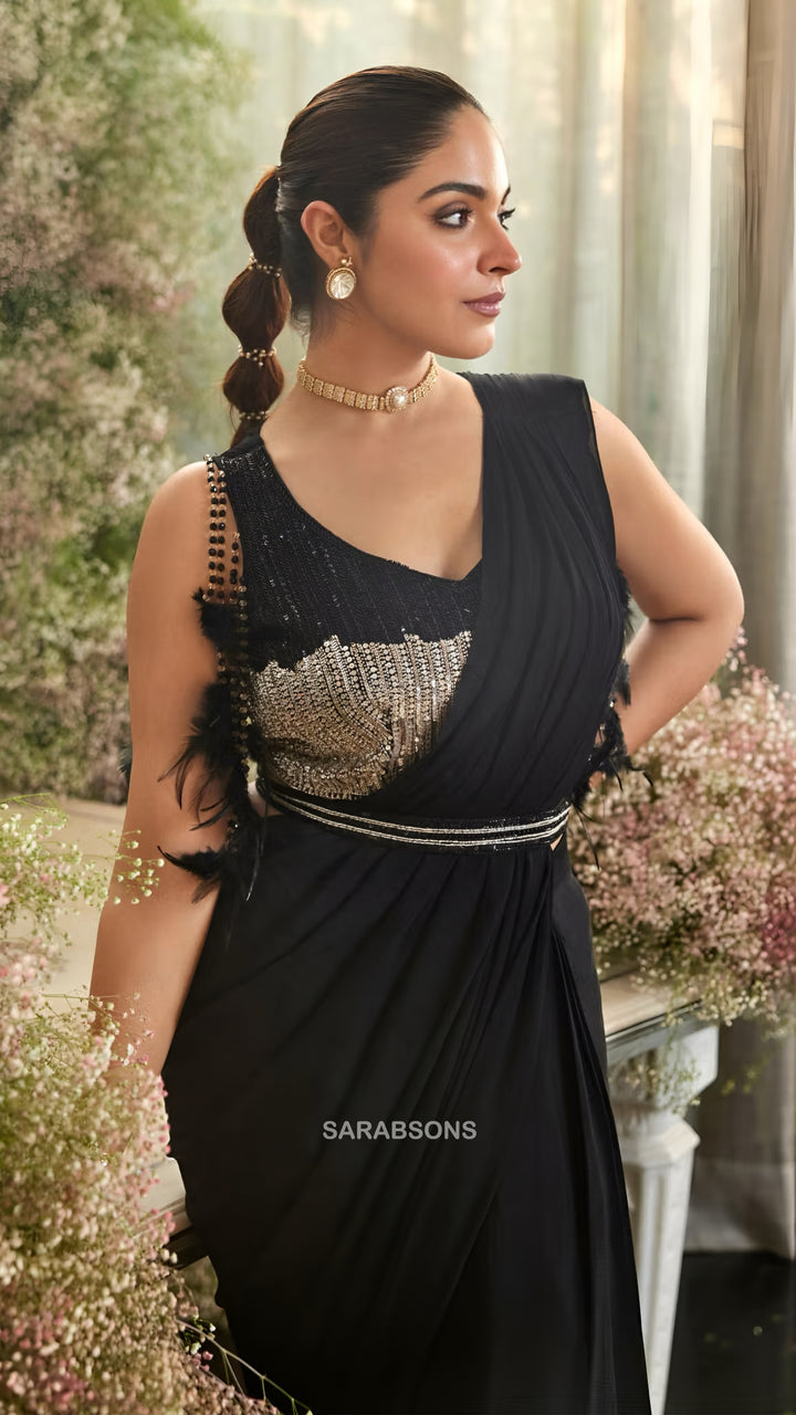 Black Indo-Western Ready-To-Wear Draped Saree with Belt
