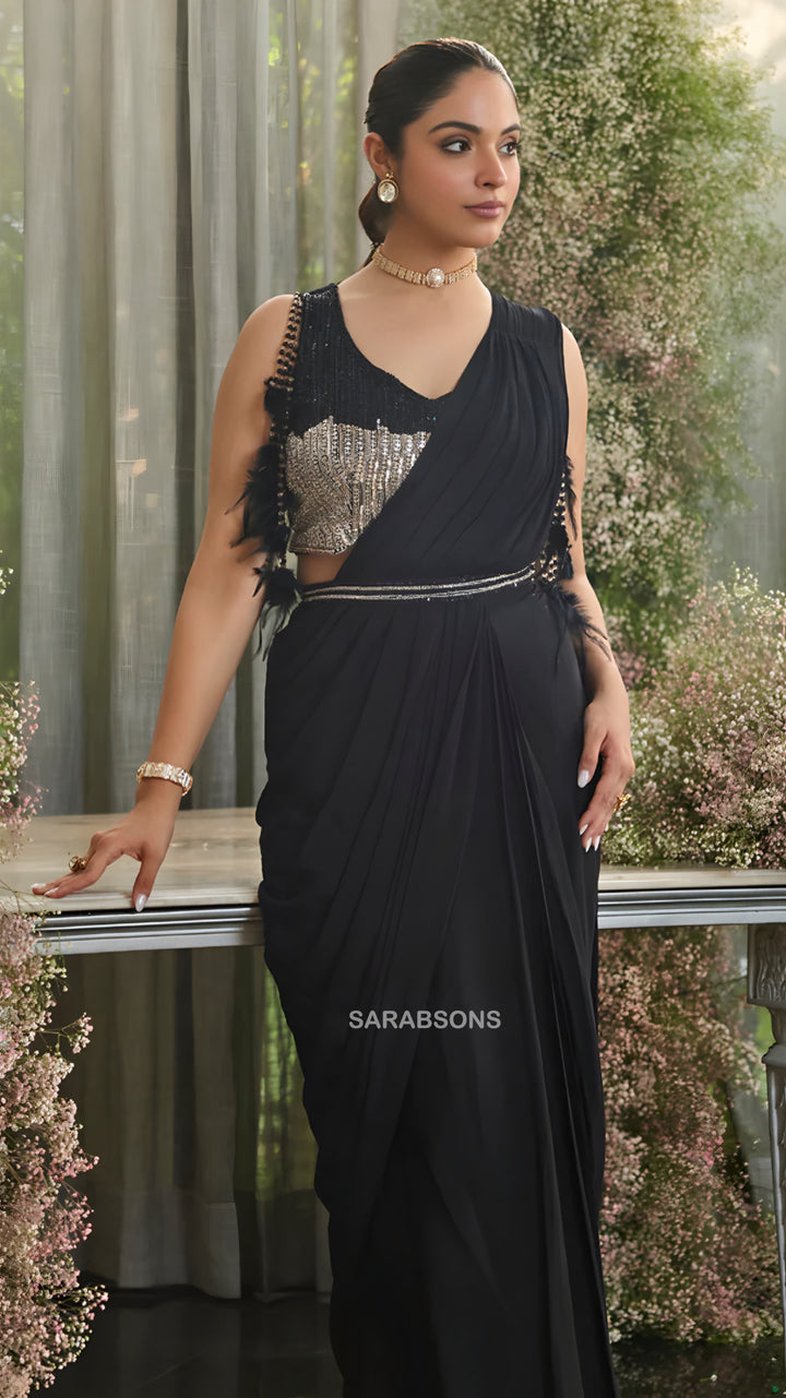 Black Indo-Western Ready-To-Wear Draped Saree with Belt
