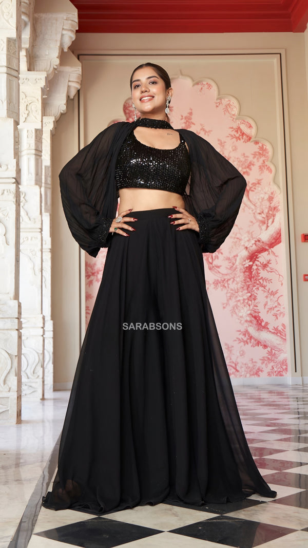 Black Indo-Western Spaghetti Strap Crop Top Palazzo with Choker Sleeves Set
