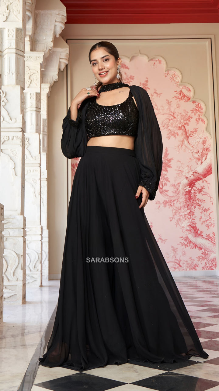 Black Indo-Western Spaghetti Strap Crop Top Palazzo with Choker Sleeves Set
