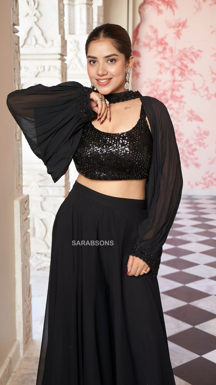Black Indo-Western Spaghetti Strap Crop Top Palazzo with Choker Sleeves Set
