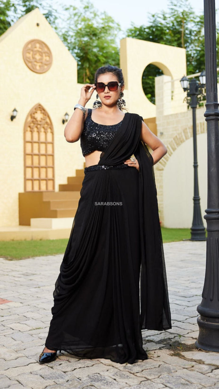 Black Indo-Western Spaghetti Strap Ready-To-Wear Draped Saree with Belt
