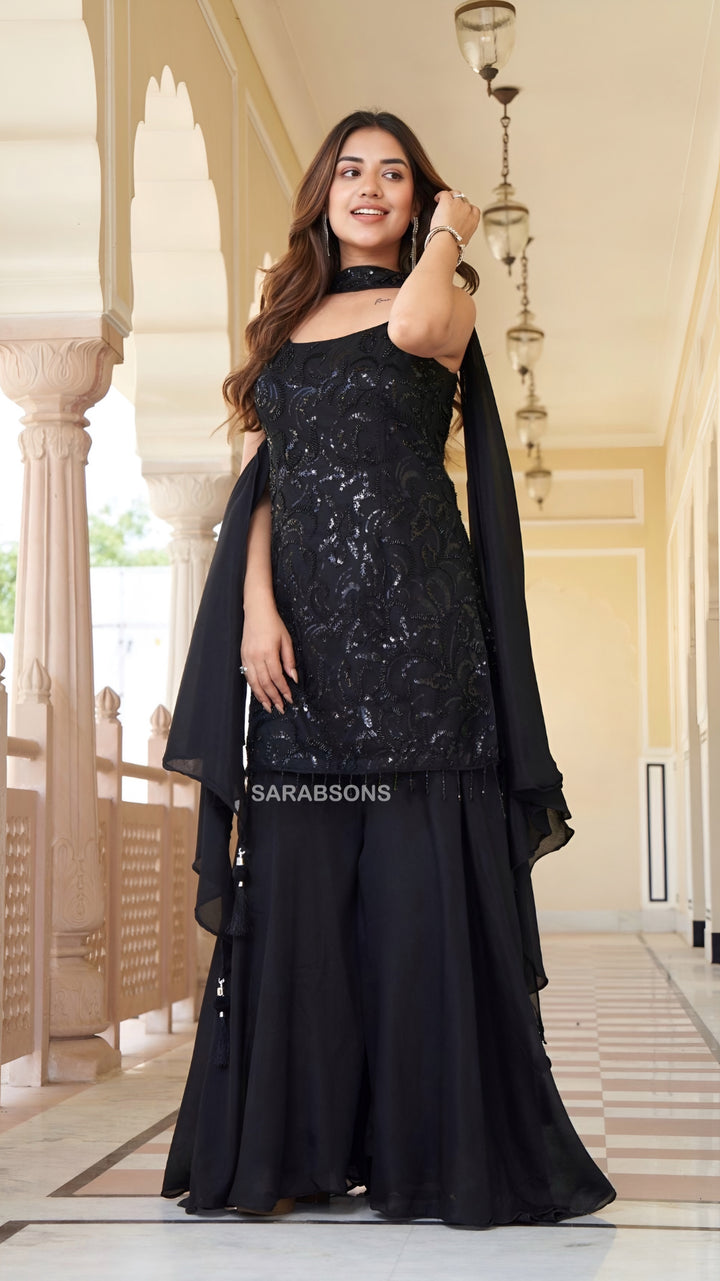 Black Indo Western Spaghetti Strap Short Kurti Palazzo Suit Set
