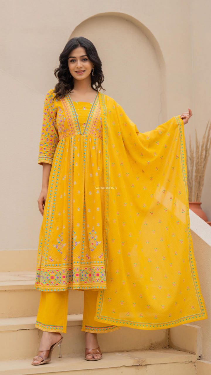 Bright Mustard Yellow Anarkali Suit Set in Cotton- Pants Set