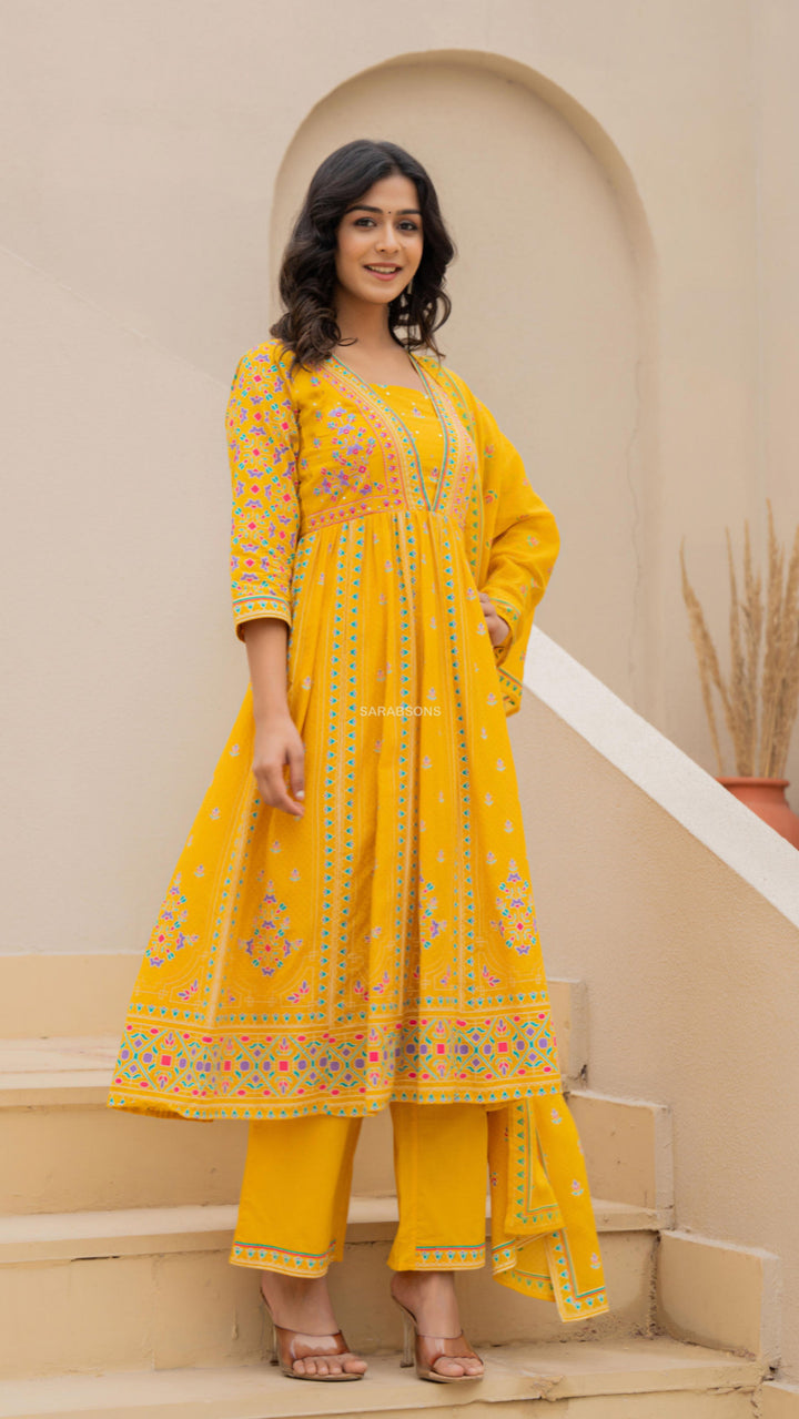 Bright Mustard Yellow Anarkali Suit Set in Cotton- Pants Set