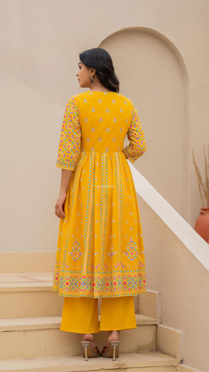 Bright Mustard Yellow Anarkali Suit Set in Cotton- Pants Set