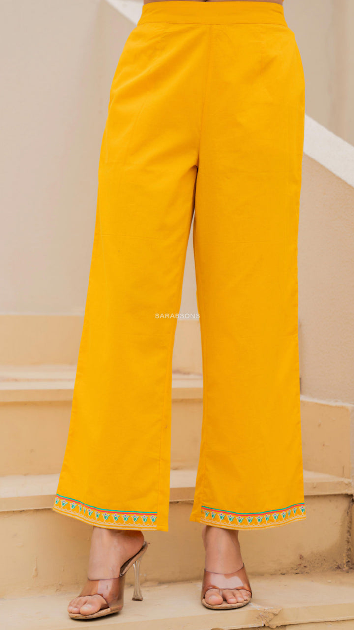 Bright Mustard Yellow Anarkali Suit Set in Cotton- Pants Set