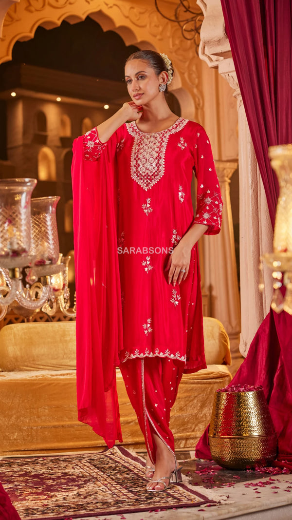 Bright Red Embroidered Suit Set with Tulip Pants
