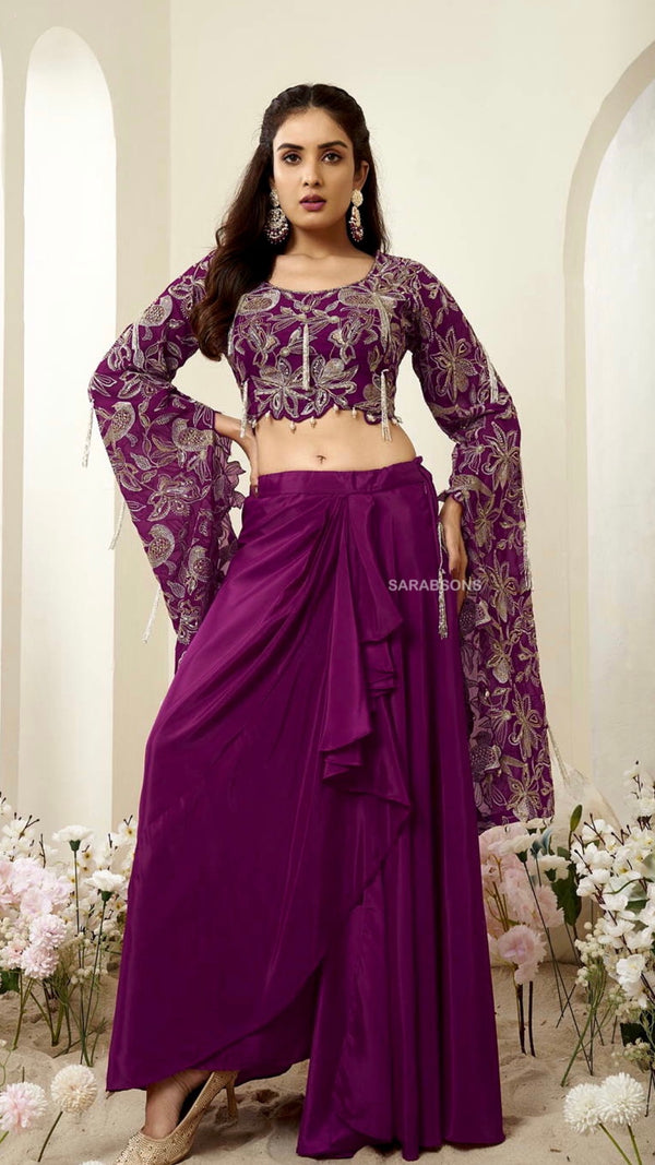 Wine Indowestern Long Sleeves Crop Top Draped Skirt Set