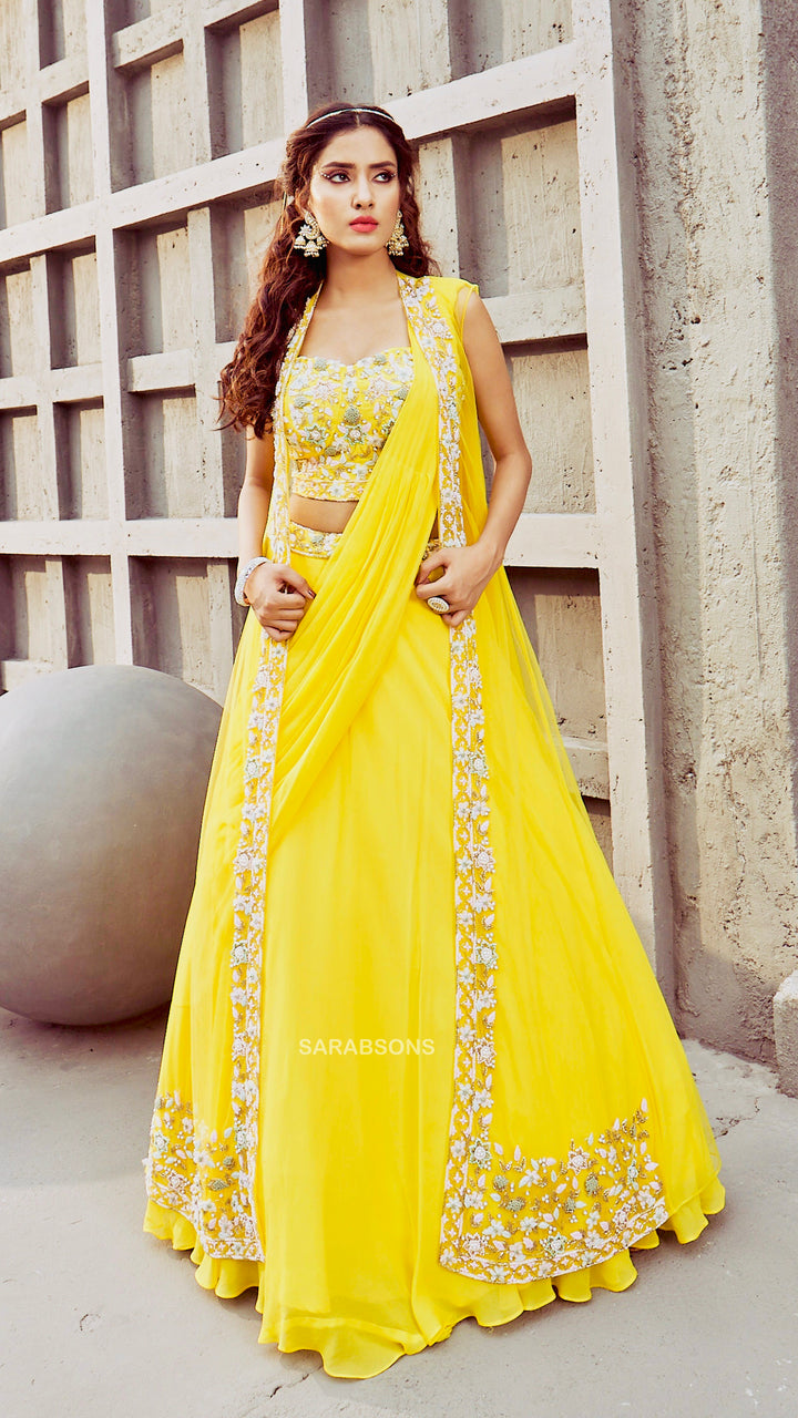 Yellow Indo-Western Crop Top Lehenga Saree with Shrug