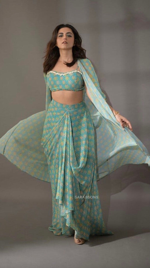 Firozi Printed Indo-Western Strappy Crop Top Dhoti Skirt with Cape Set