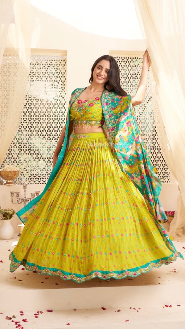 Green Crop Top Lehenga with Cape Set