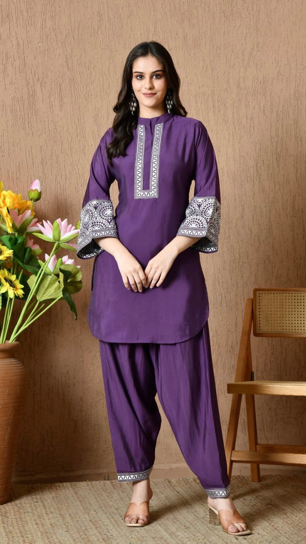 Purple Soft Cotton Embroidered Co-ord Set