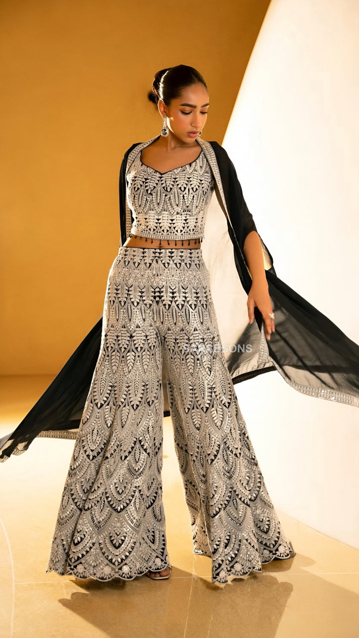 Celestial Black and White Indo-Western Crop Top Palazzo with Cape Set
