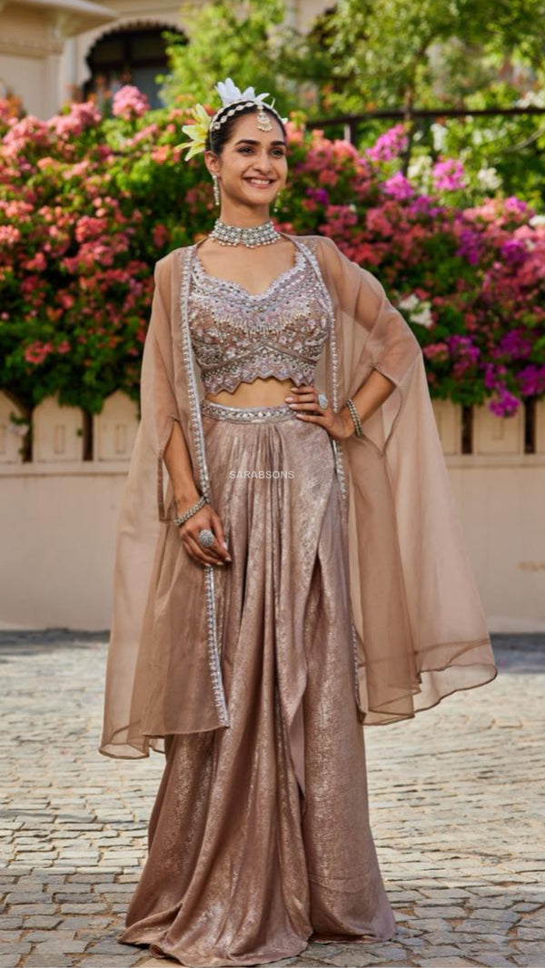 Champagne Gold Indo-Western Crop Top Draped Skirt with Cape Set
