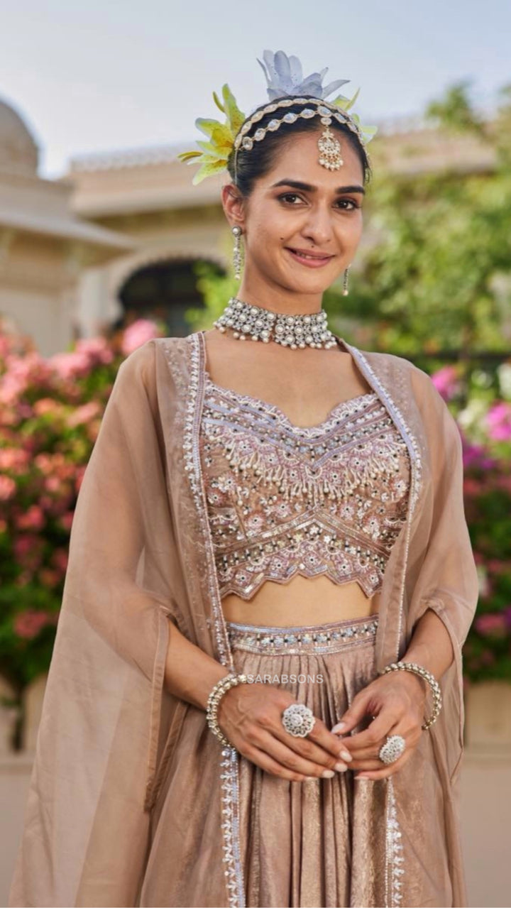 Champagne Gold Indo-Western Crop Top Draped Skirt with Cape Set

