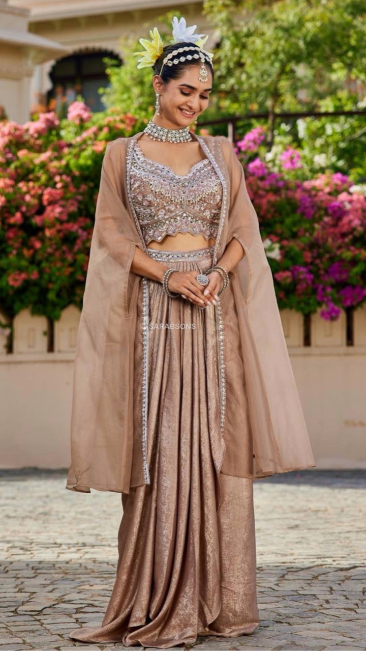 Champagne Gold Indo-Western Crop Top Draped Skirt with Cape Set

