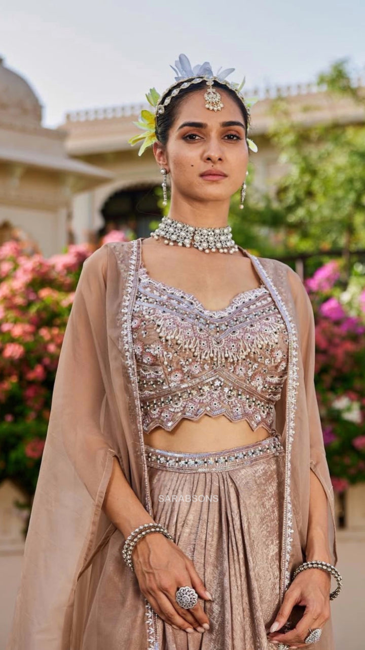 Champagne Gold Indo-Western Crop Top Draped Skirt with Cape Set
