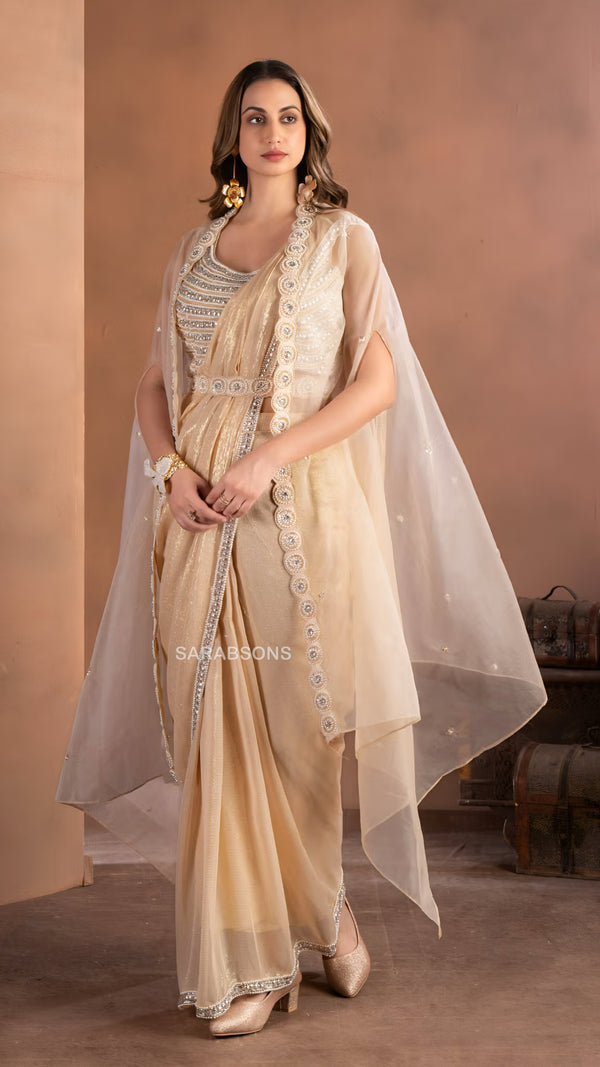 Champagne Gold Indo-Western Ready-to-Wear Draped Saree with Belt and Cape Set
